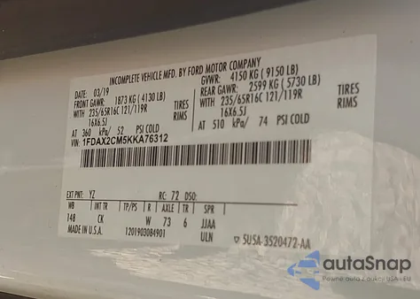 2019 Ford Transit-350 Xlt from USA, damaged, VIN 1FDAX2CM5KKA76312